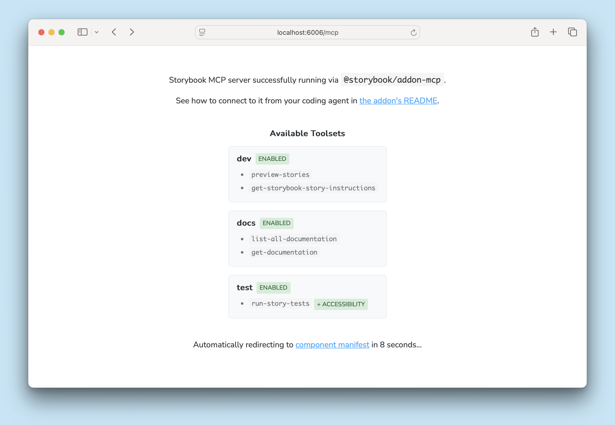 The MCP server page in the browser