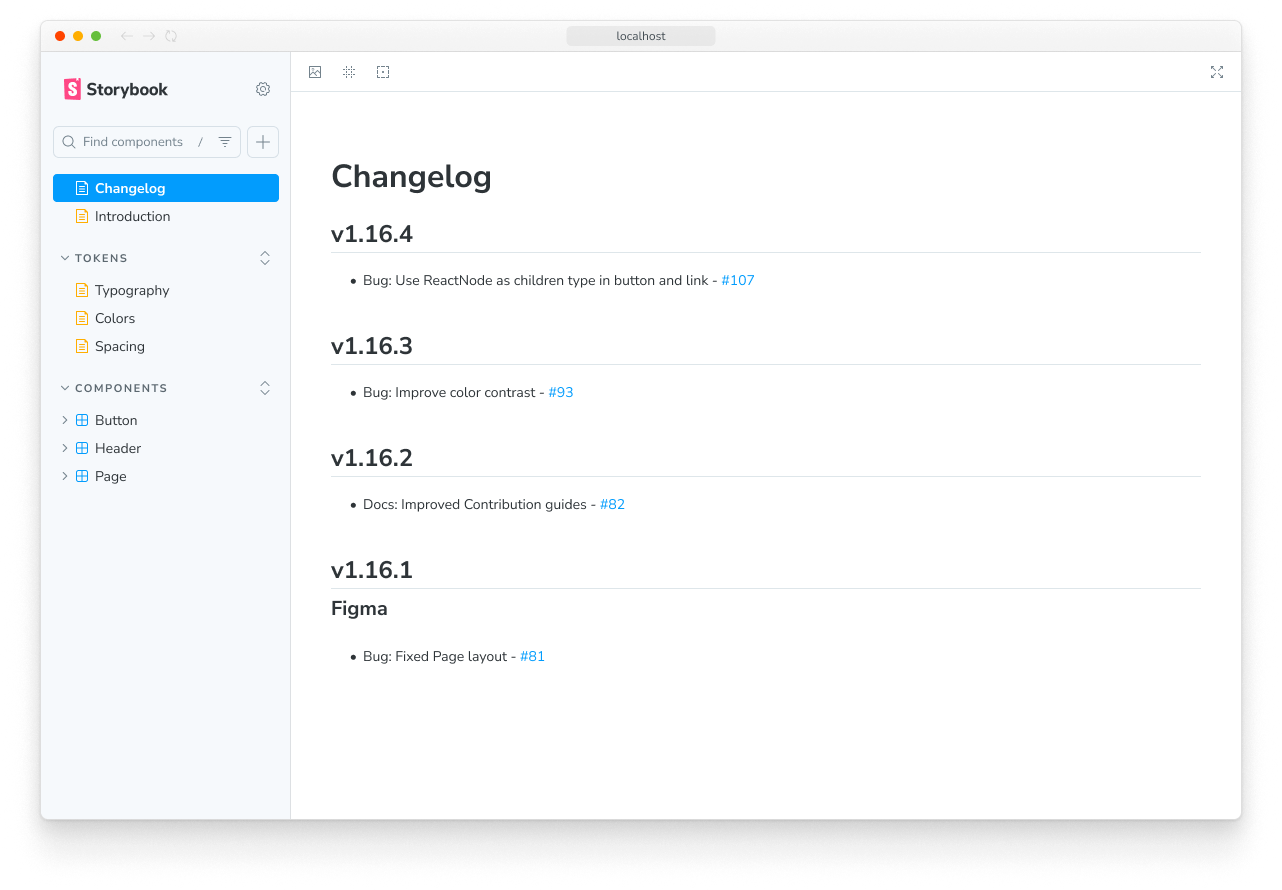 Changelog markdown in an MDX story
