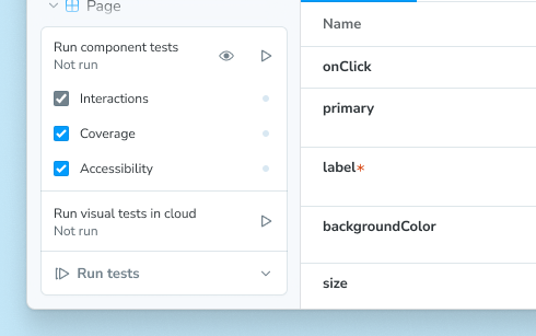 Expanded testing widget, showing the Visual tests section